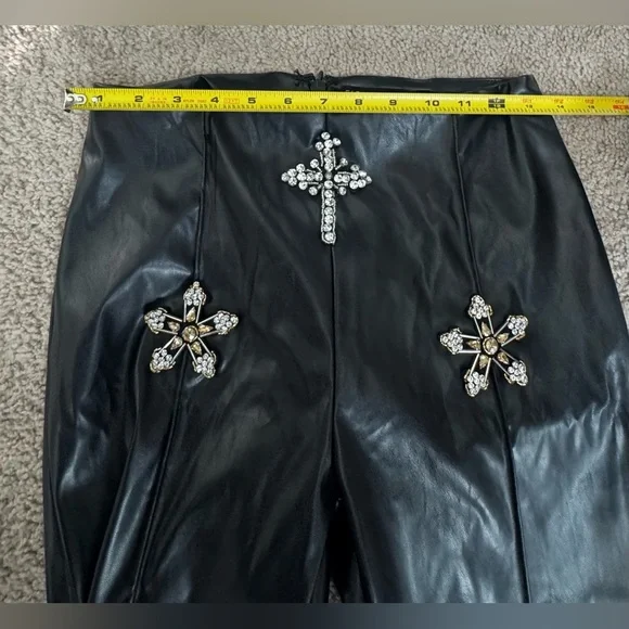 Fashion Nova Faux Leather Rhinestone Crop Top & Flare Pants Set | Black | M - Picture 11 of 15